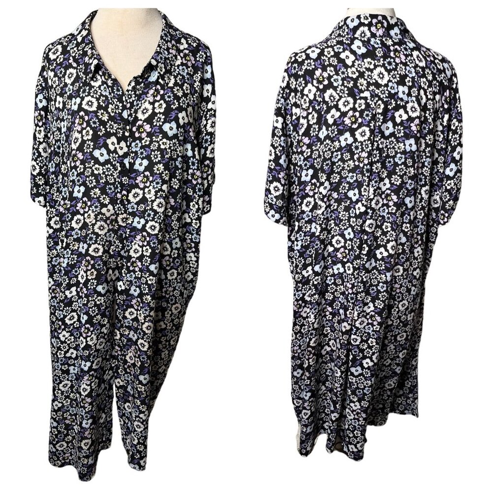 Lane Bryant Women's Floral Button-Up Shirt Dress 26/28 Black Purple